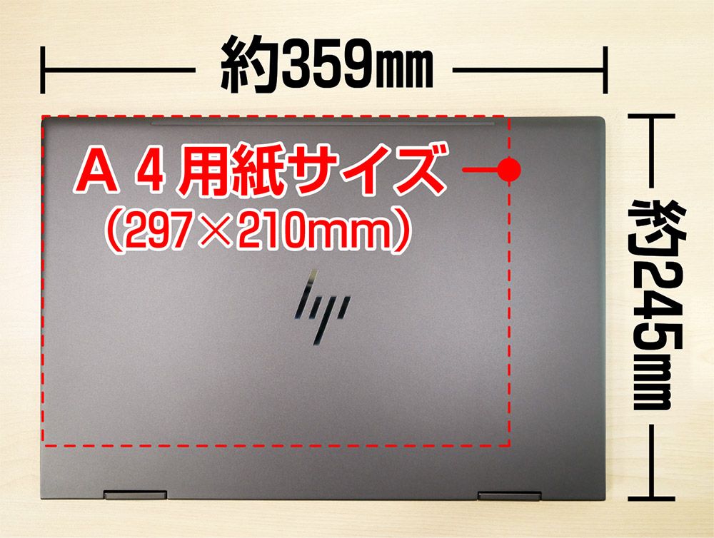  A4用紙とENVY 15 x360の大きさの比較