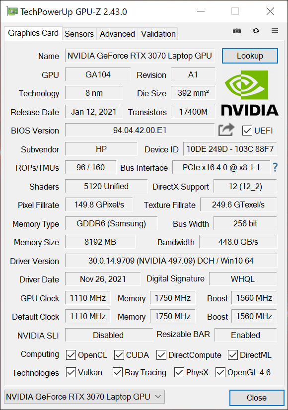  OMEN 17のGPU-Z情報