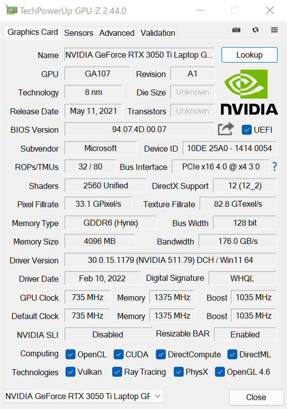  Surface Laptop StudioのGPU-Z情報