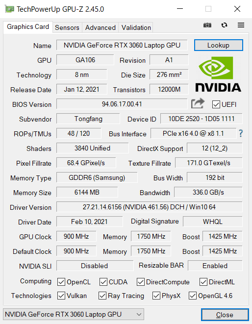  GALLERIA XL7R-R36のGPU-Z情報