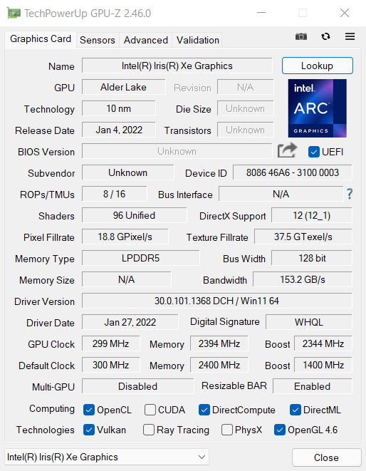  dynabook RZのGPU-Z情報