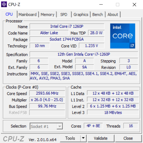  VAIO SX12（2022年7月発売モデル）のCPU-Z情報