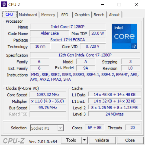  VAIO SX14のCPU-Z情報