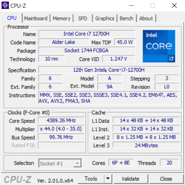  HP ENVY 16のCPU-Z情報