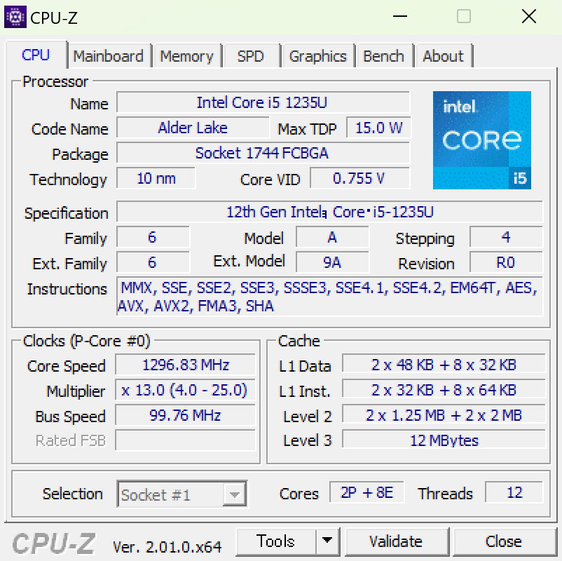 Surface Pro 9のCPU-Z情報