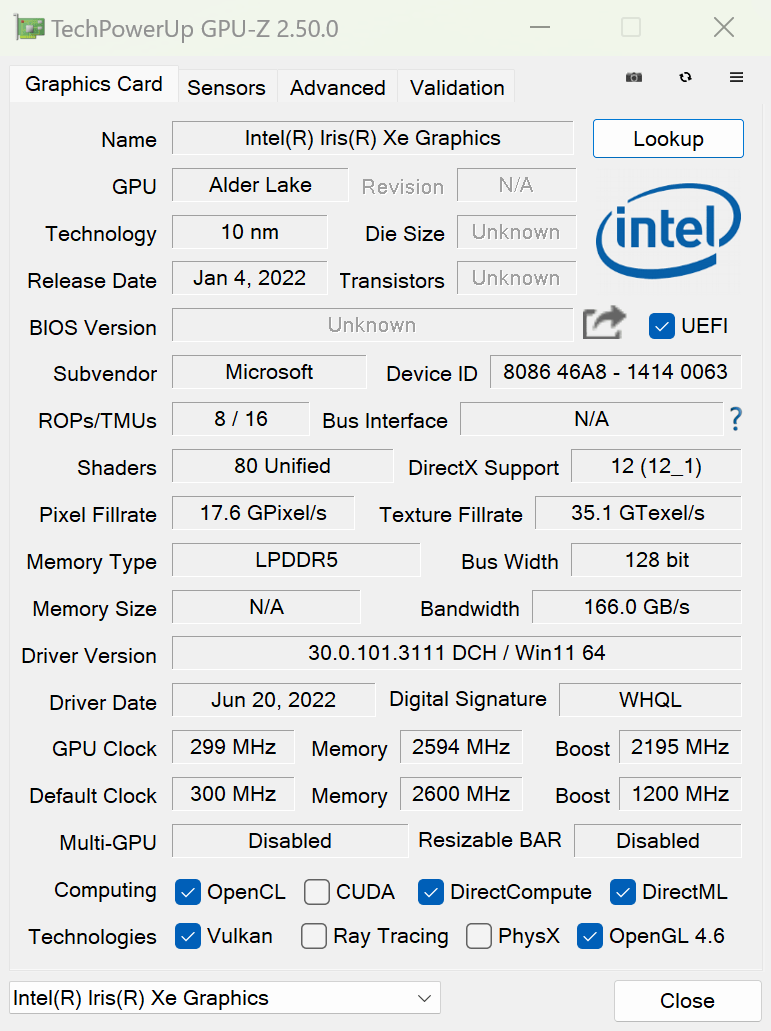  Surface Pro 9のGPU-Z情報