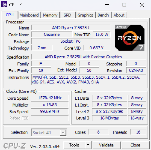 HP Pavilion Aero 13-beのCPU-Z情報