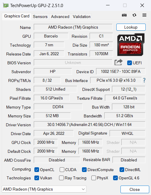  HP Pavilion Aero 13-beのGPU-Z情報