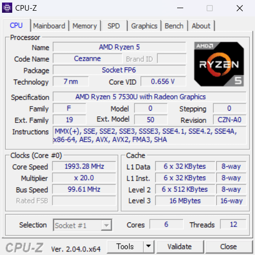 IdeaPad Flex 5 Gen 8 14型(AMD)のCPU-Z情報