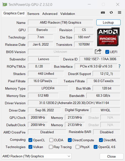  IdeaPad Flex 5 Gen 8 14型(AMD)のGPU-Z情報