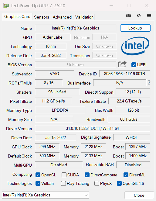  VAIO SX12 ファインレッドのGPU-Z情報