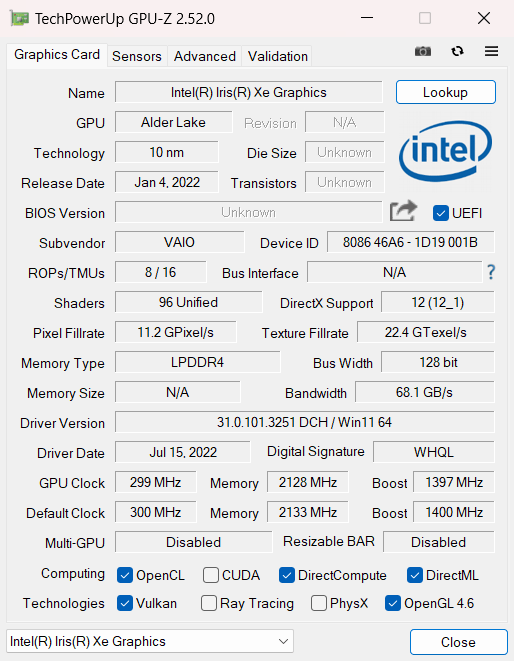  VAIO SX14 ファインレッドのGPU-Z情報