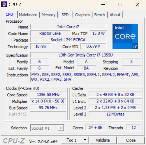 VAIO F16のCPU-Z情報