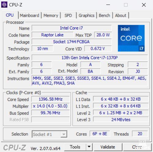 VAIO SX12 (2023年6月発売モデル)のCPU-Z情報