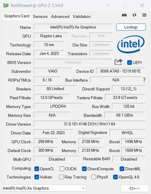  VAIO SX12 (2023年6月発売モデル)のGPU-Z情報