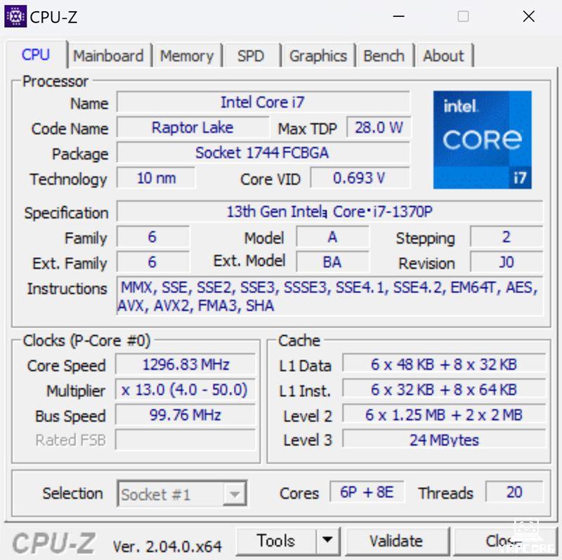 VAIO SX14 (2023年6月発売モデル)のCPU-Z情報