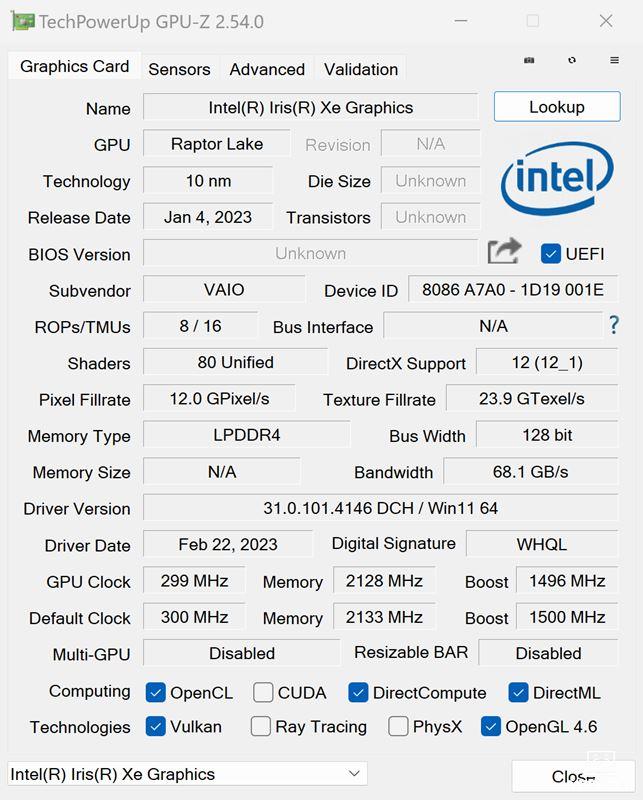  VAIO SX14 (2023年6月発売モデル)のGPU-Z情報