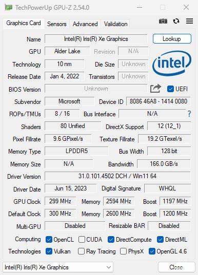  Surface Laptop Go 3のGPU-Z情報