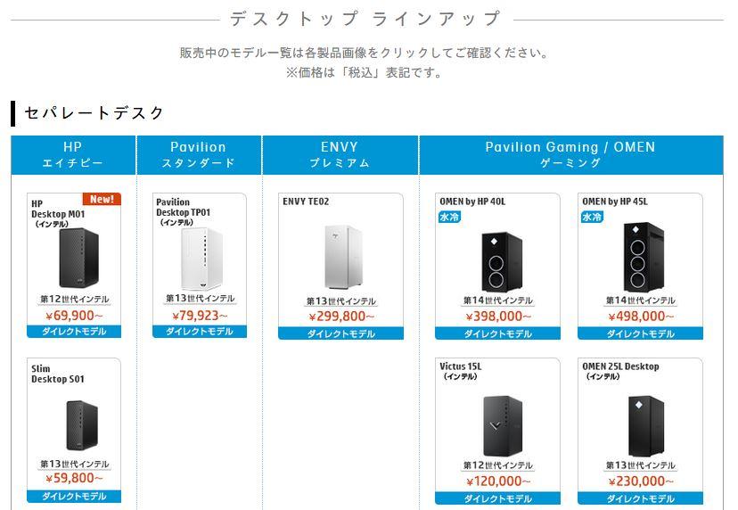 HPの個人向けデスクトップパソコン ラインアップ