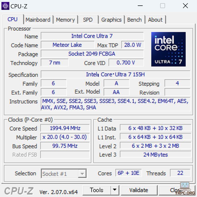 Zenbook 14 OLED UX3405MAのCPU-Z情報