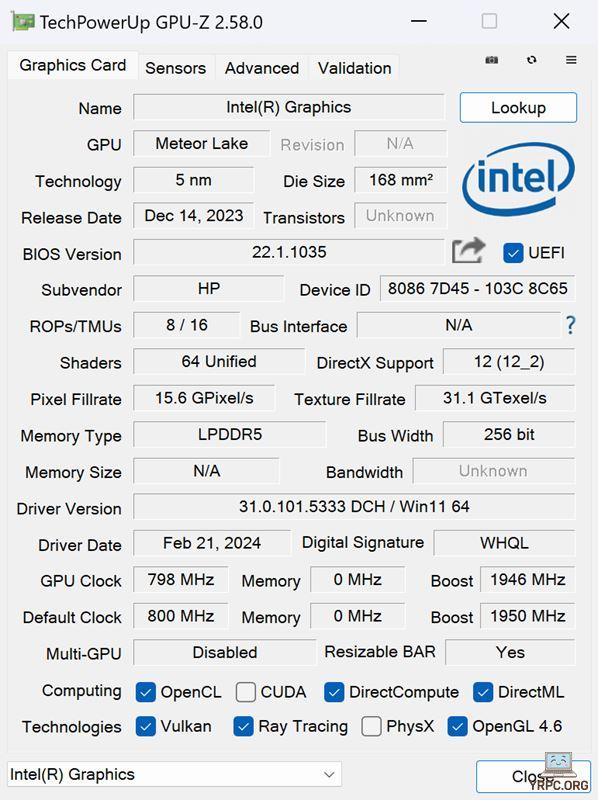  HP Envy x360 14-fcのGPU-Z情報