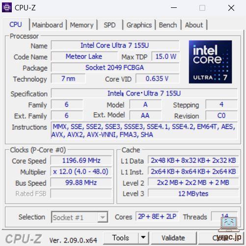 HP Pavilion 16-af（インテル）のCPU-Z情報