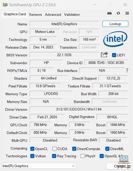  HP Pavilion 16-af（インテル）のGPU-Z情報