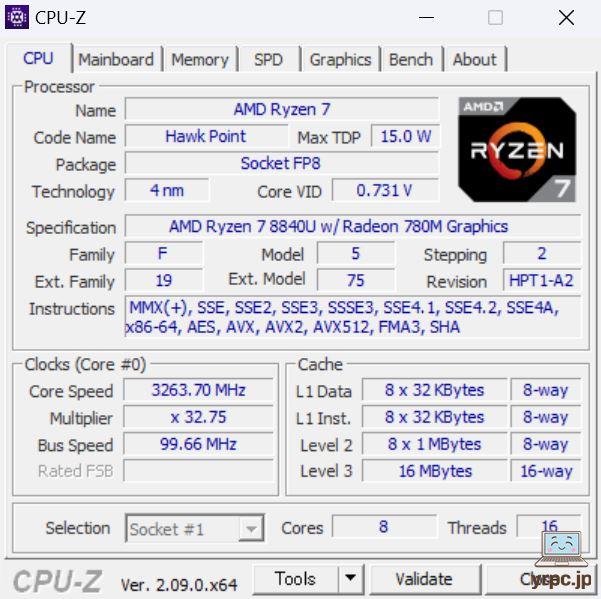 HP Pavilion Aero 13-bgのCPU-Z情報