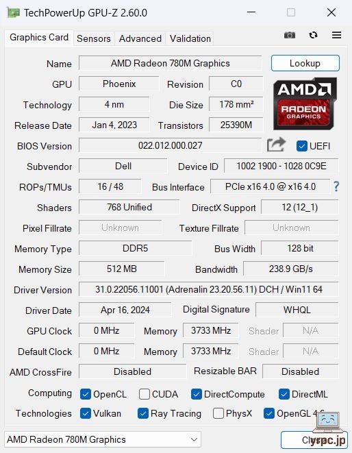  Inspiron 16のGPU-Z情報