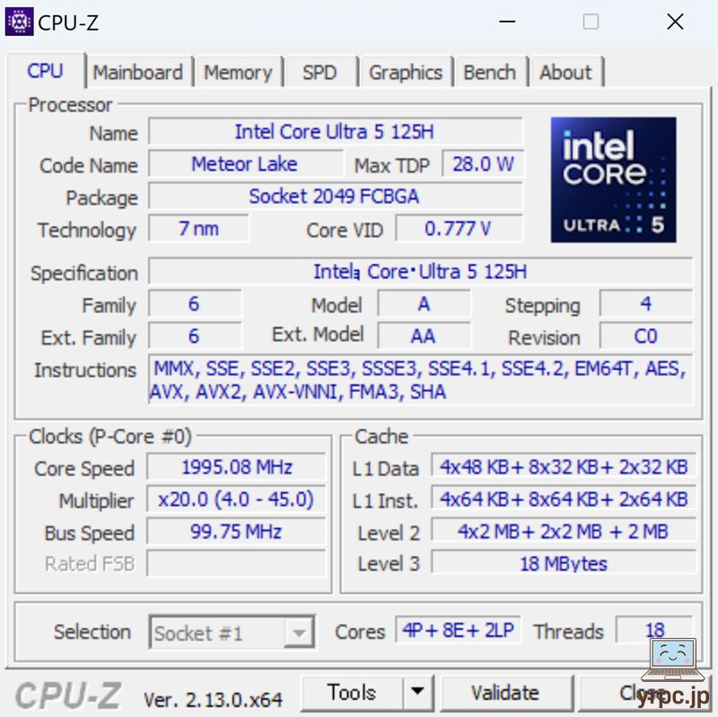 ThinkBook 13x Gen 4のCPU-Z情報