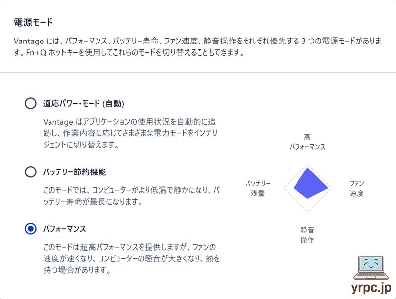 電源モードをパフォーマンスに設定