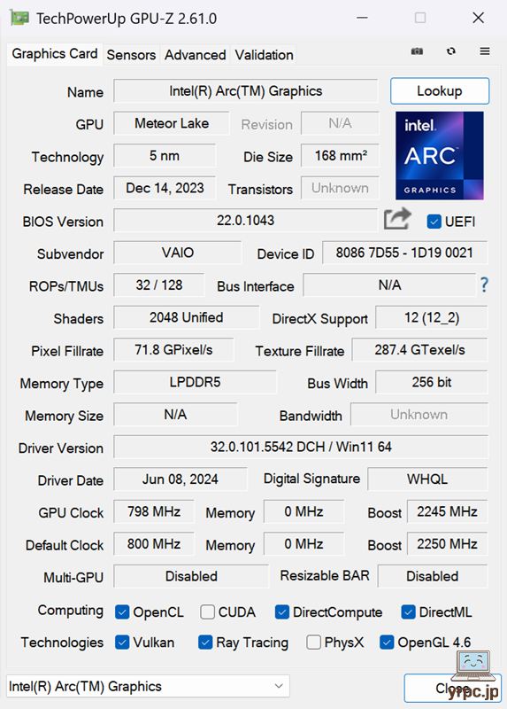  VAIO SX14-RのGPU-Z情報