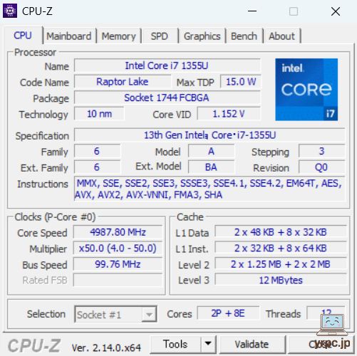 dynabook AZ/MYのCPU-Z情報