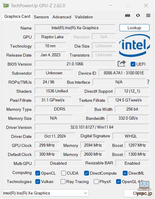  dynabook AZ/MYのGPU-Z情報