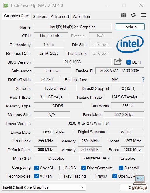  dynabook CZ/MYのGPU-Z情報