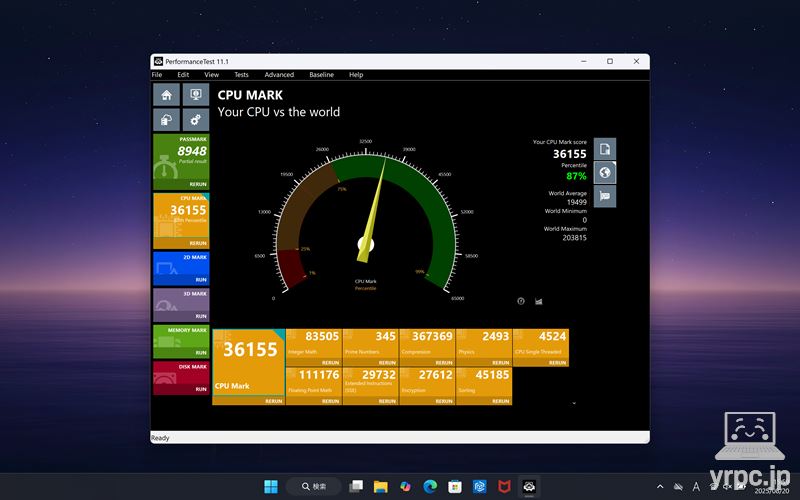 Dell 14 PremiumのPassMark CPU Markのテスト結果：36155