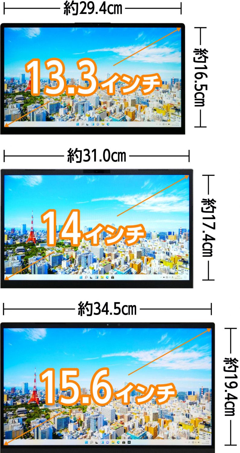 13.3インチ、14インチ、15.6インチのサイズ比較