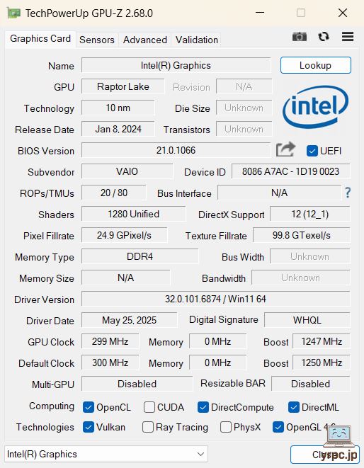  VAIO F16 (2025年6月発売モデル)のGPU-Z情報