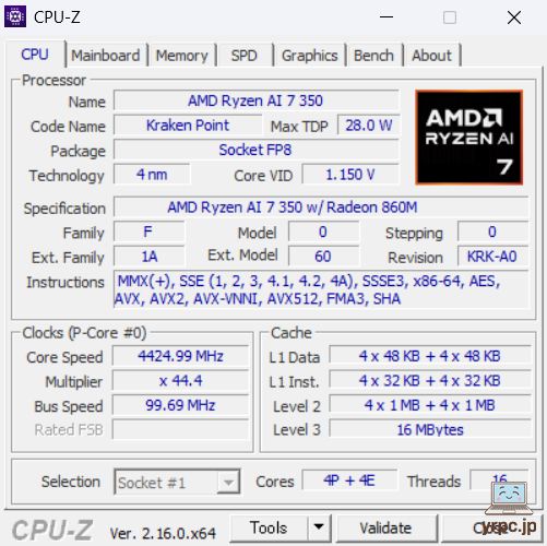 Dell 16のCPU-Z情報