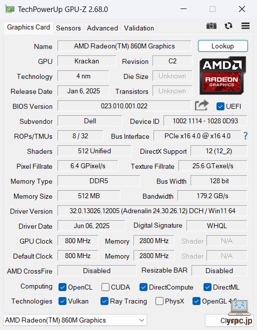  Dell 16のGPU-Z情報