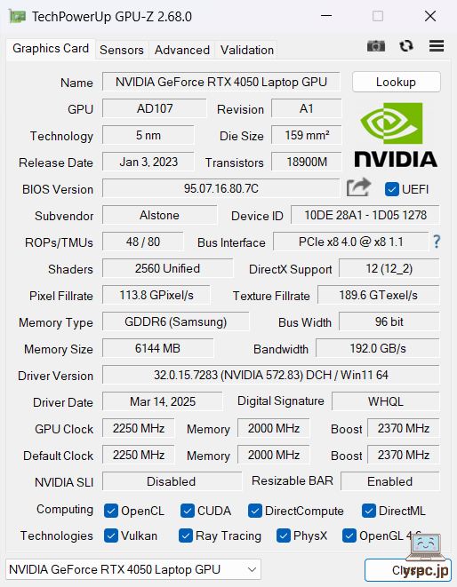  NEXTGEAR J6-A7G50WT-A（ホワイト）のGPU-Z情報