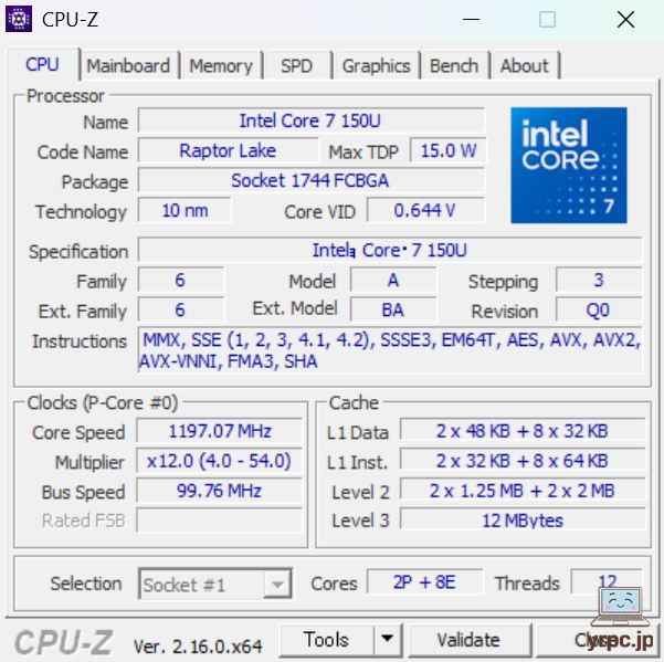 VAIO S13 (2025年3月発売モデル)のCPU-Z情報