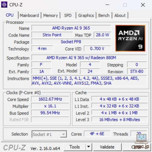 DAIV Z4-A9A01SR-BのCPU-Z情報