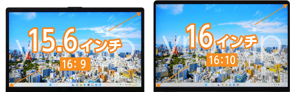 15.6インチ・16:9と16インチ・16:10を横に並べて比較