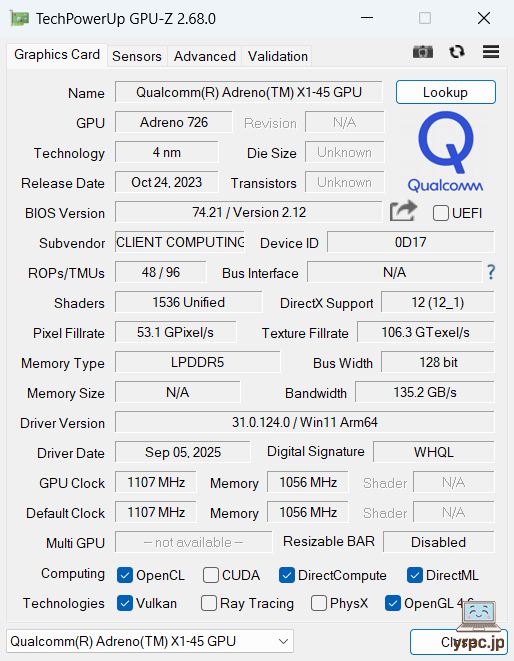  FMV WU6-L1のGPU-Z情報