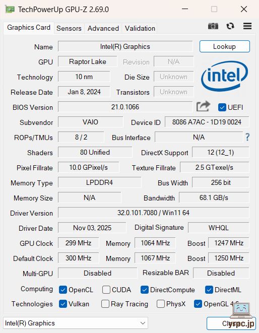 VAIO SX14のGPU-Z情報