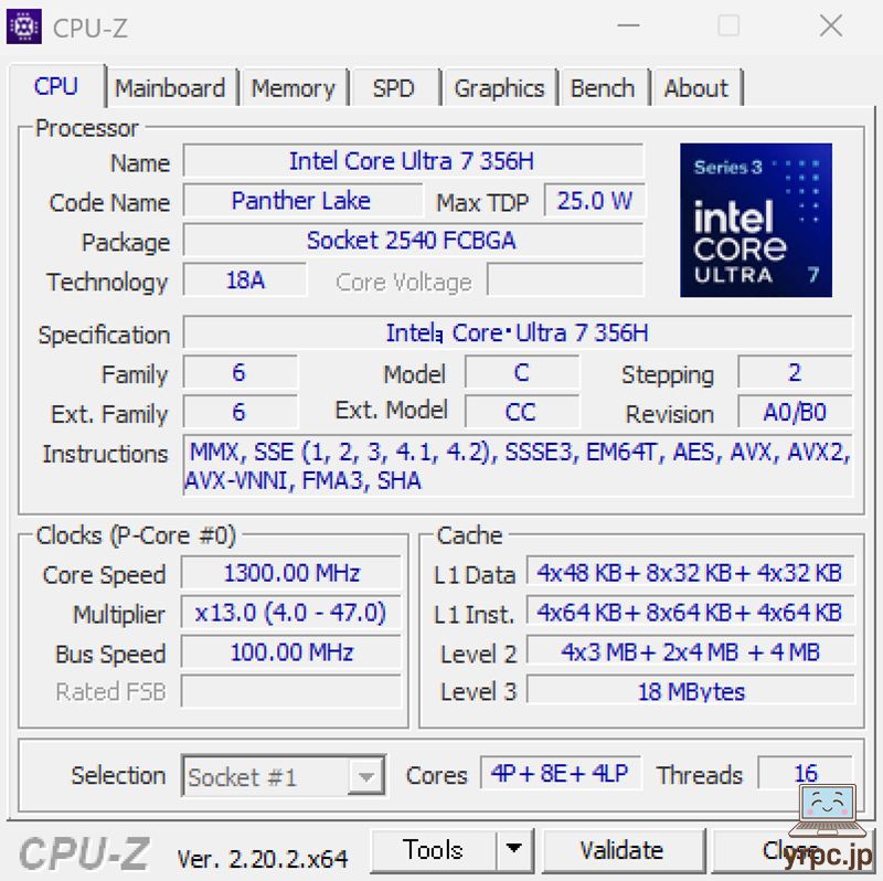 HP OmniBook X Flip 14-kbのCPU-Z情報
