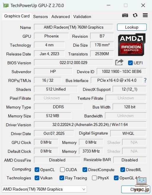 HP OmniBook 3 14-hy/hwのGPU-Z情報