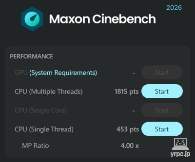 IdeaPad 5i 2-in-1 Gen 11 (14型 Intel)のCINEBENCH 2026のテスト結果