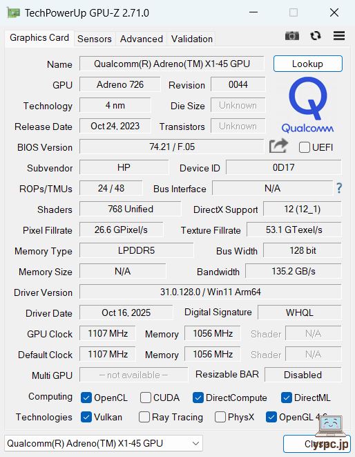 HP OmniBook 3 14-hzのGPU-Z情報